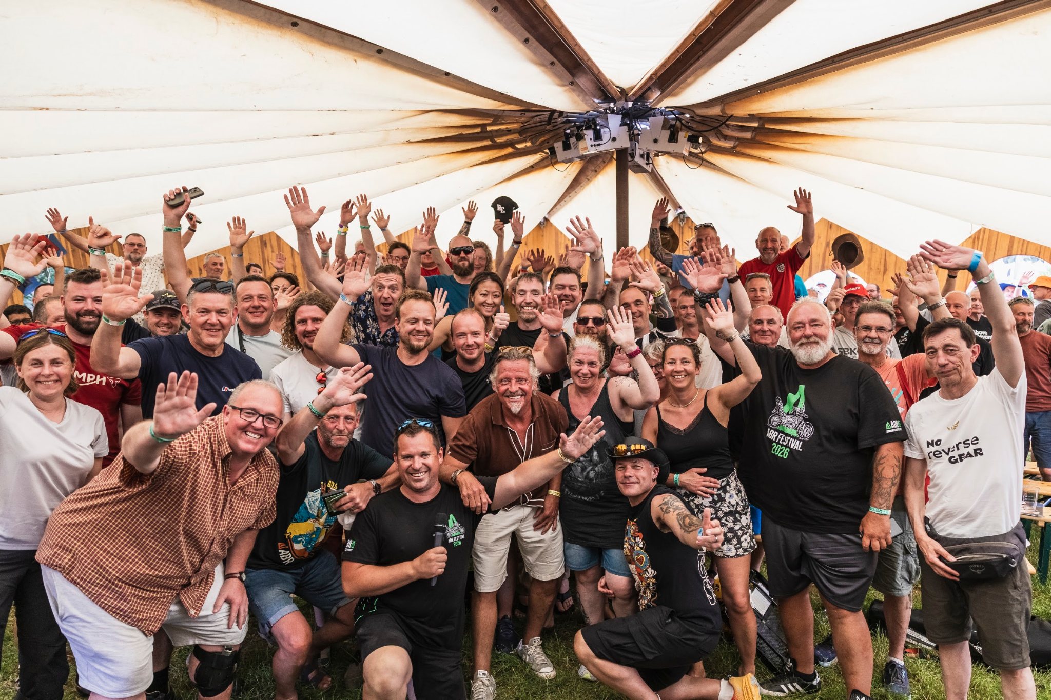 Packed crowd cheering in the Helly Hansen Dome at ABR Festival 2026, hosted by Dave Talbot