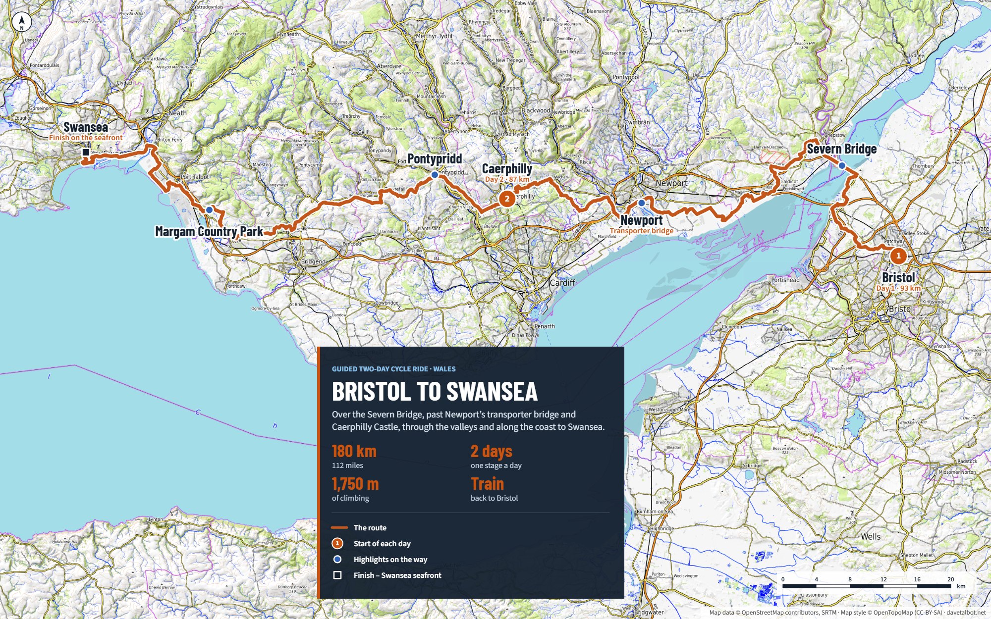 Bristol to Swansea cycle ride route map: day 1 from Bristol over the Severn Bridge and past Newport to Caerphilly, day 2 through Pontypridd and Margam Country Park to the finish on Swansea seafront