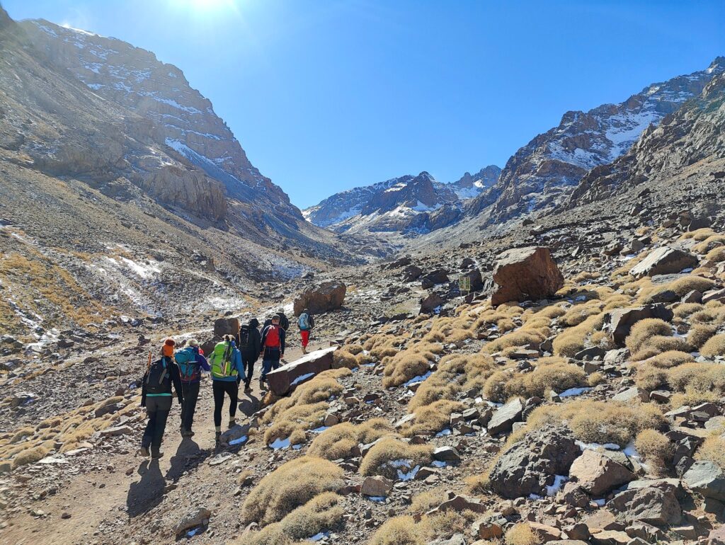 Trekkers walking up the valley from Imlil towards the Toubkal refuge
